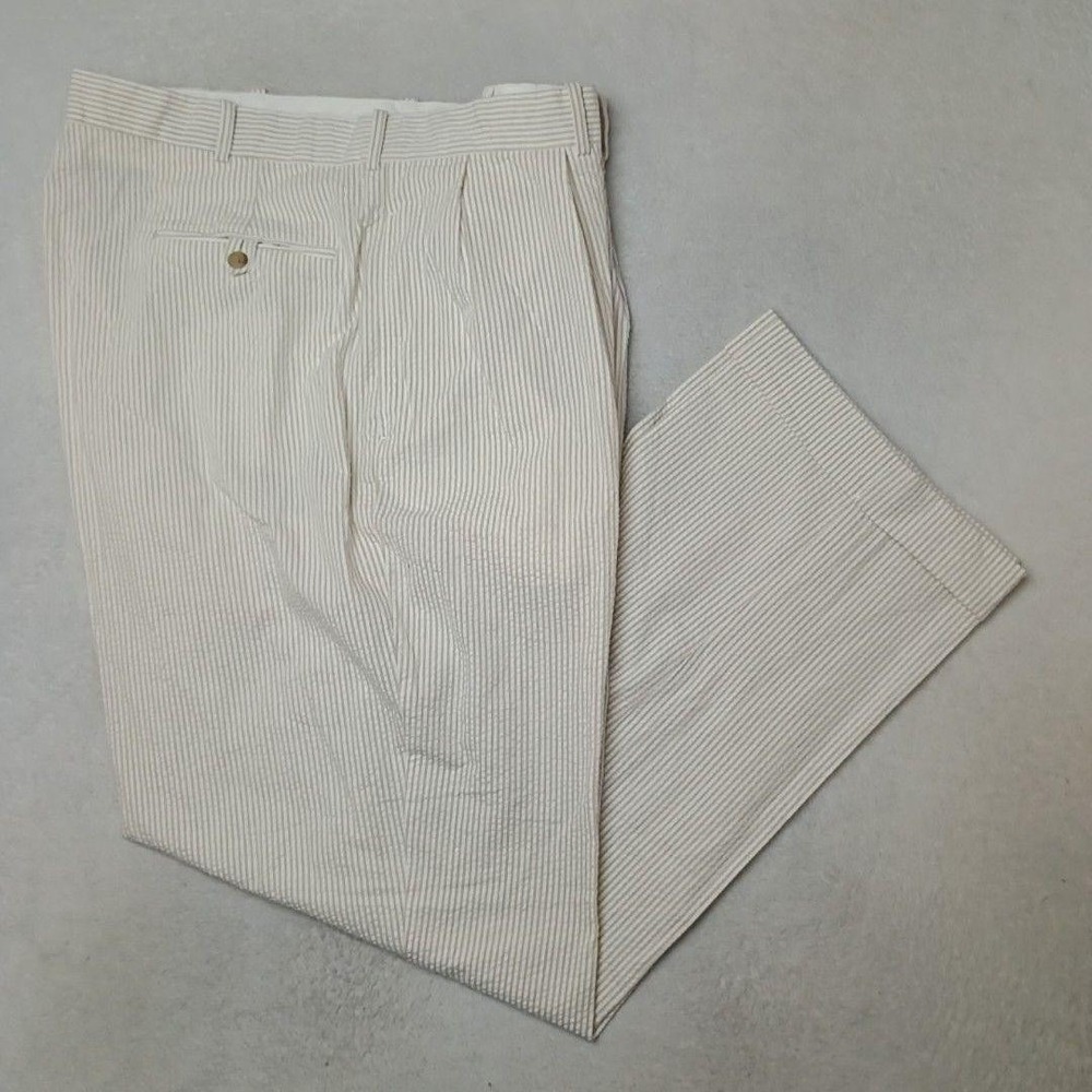 Polo Ralph Lauren Pants Men 40x30 Beige White Striped Pleated Seersucker Classic